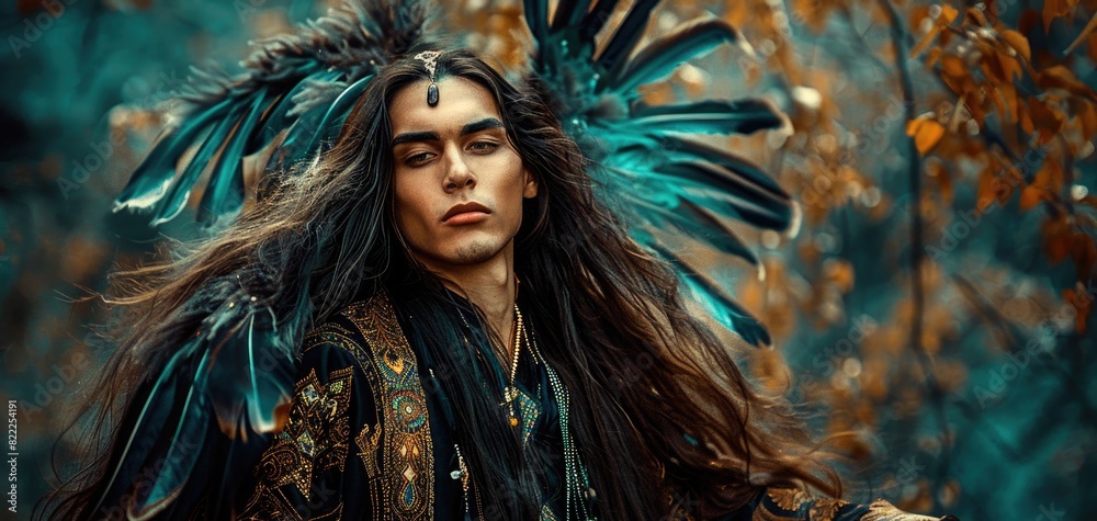 Ethereal portrait of a young man with flowing long hair and clothes decorated with feathers, young shaman portrait Ethereal portrait of a young man with flowing long hair and clothes decorated with feathers, young shaman portrait
