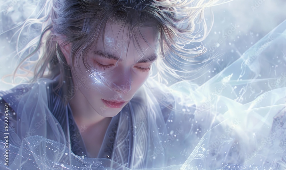 Closeup portrait of a young man draped in frost-tinged robes and crystalline locks, ice and frost spirits magic background