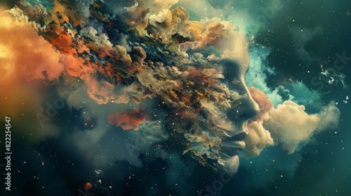 A surreal portrait of a woman s face blending into a cosmic cloud  evoking a sense of mystery and the vastness of space.