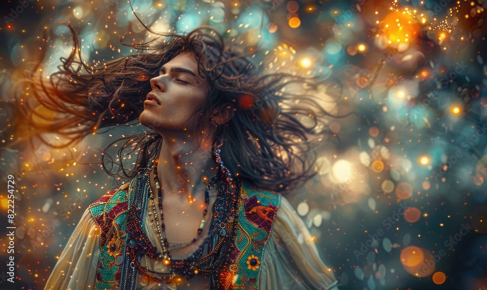 Portrait of a young man draped in ornate ethnic attire and radiant long hair with enchanting light around him Portrait of a young man draped in ornate ethnic attire and radiant long hair with enchanting light around him