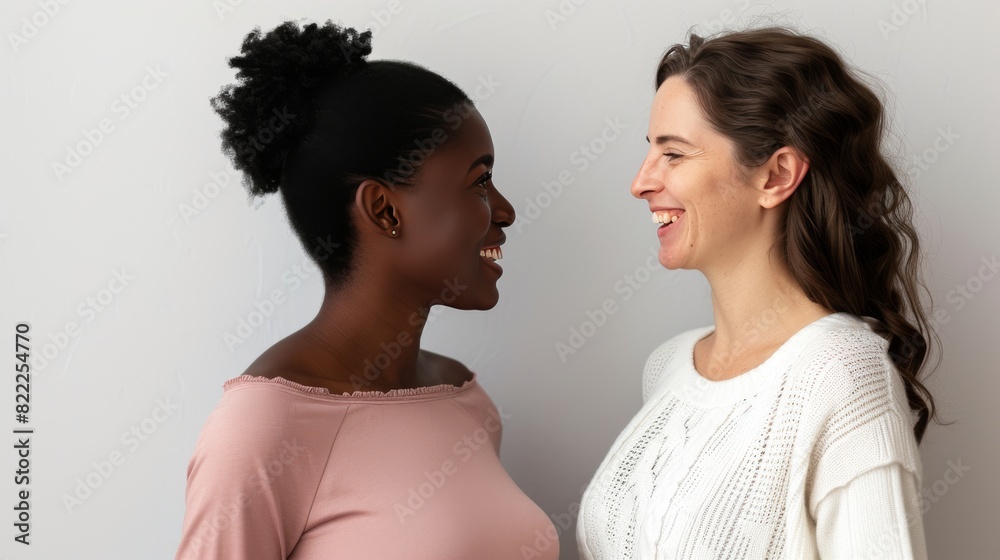 A joyful moment captured between two women, one Black with a bun and one Caucasian in a white sweater, against a plain background. A joyful moment captured between two women, one Black with a bun and one Caucasian in a white sweater, against a plain background.