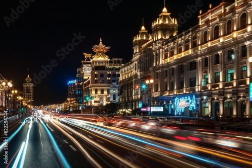 Beautiful Night Scene with Light Trails from Passing Cars