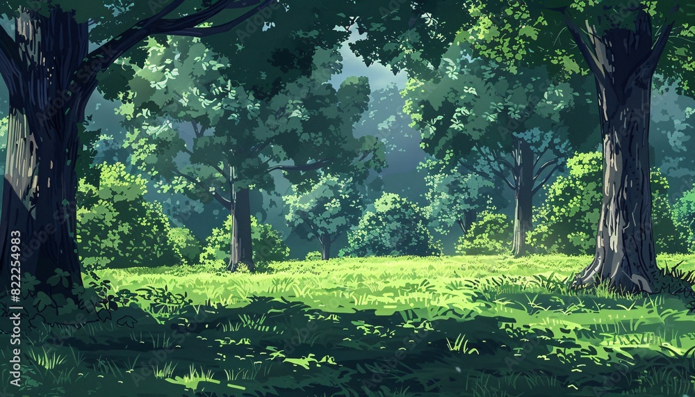 Fototapeta premium A nature background in Japanese anime style, featuring a forest landscape with beautiful trees and green grass.