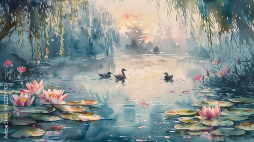 The image is of a beautiful watercolor painting of a pond with lily pads and ducks. The colors are soft and muted, and the overall effect is one of peace and tranquility. photo