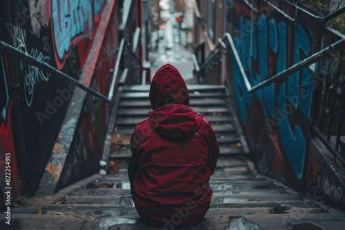Teenager Sitting on Stairs with Distant Look for Urban Solitude