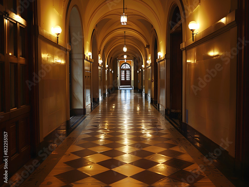 Elegant Long Corridor with Checkerboard Floor  Arched Openings  Wooden Doors  and Warm Lantern Lighting Classic and Sophisticated Architectural Beauty with Historical Charm