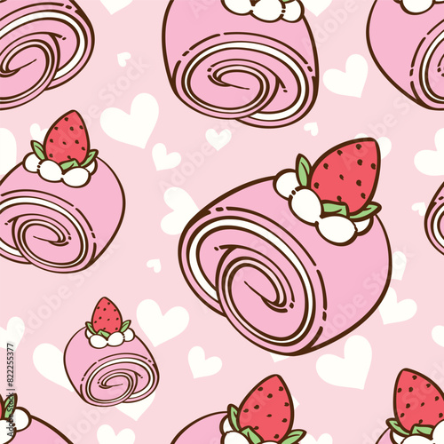 Seamless pattern of strawberry roll cake is cute and delicious, It cute feminine. Pattern for fabric and wrapping paper, Pattern for design wallpaper and fashion prints.