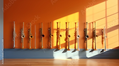 A variety of brass instruments displayed against a solid color b photo