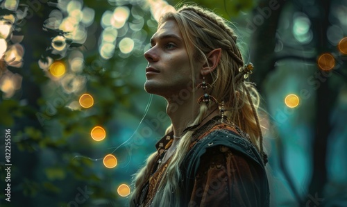 Ethereal portrait of a young man with long blonde hair adorned in ethnic elven clothes in the forest