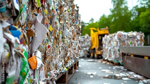 Bales of compressed paper and cardboard in a recycling facility, prepared for processing, with a yellow forklift in the background.
