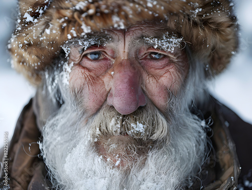 Close-Up Portrait of Elderly Man with Frosty White Beard and Fur Hat Amid Snowy Landscape Resilient Blue Eyes, Weathered Face, Wrinkled Skin, and Rosy Cheeks from Cold - Winter