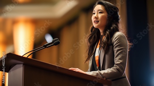 A young woman giving a speech at a conference
