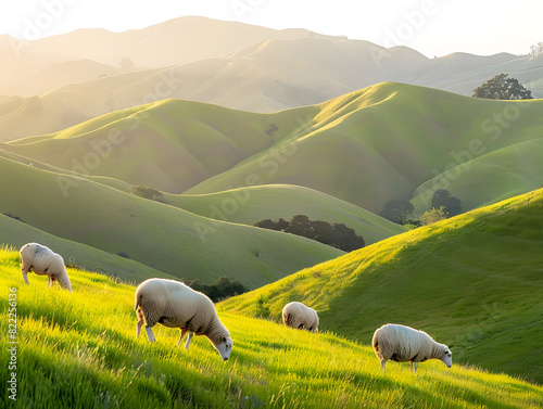 Idyllic Pastoral Landscape with Grazing Sheep on Rolling Green Hills Under Clear Sky and Soft Sunlight Serene Countryside Scene with Lush Terrain  Vibrant Grass  and Tranquil Beauty Enhanced