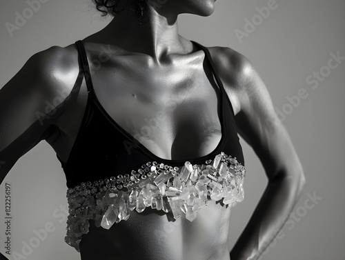 Intricately Designed Crystal Beaded Black Bra Close-Up in Black-and-White | Elegant Monochromatic Fashion Highlighting Texture, Form, and Shimmering Beadwork for Bold Artistic Appeal photo