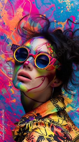 Portrait of a young woman with creative face paint and colorful sunglasses, set against a vibrant, splashed background.