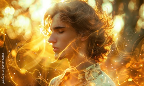 Portrayal of a young man with long hair with warm enchanting light around him