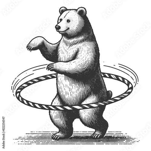 Circus bear skillfully hula hooping, captured in a detailed black and white engraving style sketch engraving generative ai vector illustration. Scratch board imitation. Black and white image.