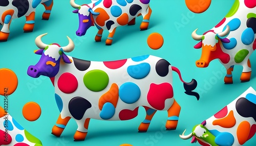 Playful Bovine Parade A Vibrant 3D Rendered of Whimsical Cows in a Repeating Pattern photo