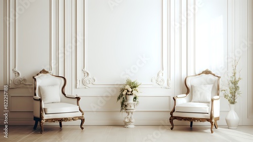  Two luxurious armchairs sit in a bright, white, paneled room photo