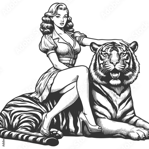 glamorous woman sitting confidently with a majestic tiger, elegance and power sketch engraving generative ai fictional character vector illustration. Scratch board imitation. Black and white image.