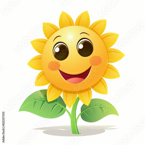 Cheerful cartoon sunflower with a smiling face, bright yellow petals, and green leaves, isolated on a white background.