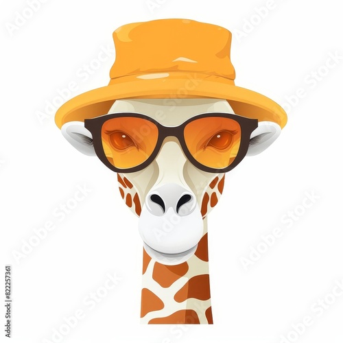 Cartoon giraffe wearing sunglasses and a hat. Illustration of a stylish giraffe vector. Unique animal character design with accessories. photo