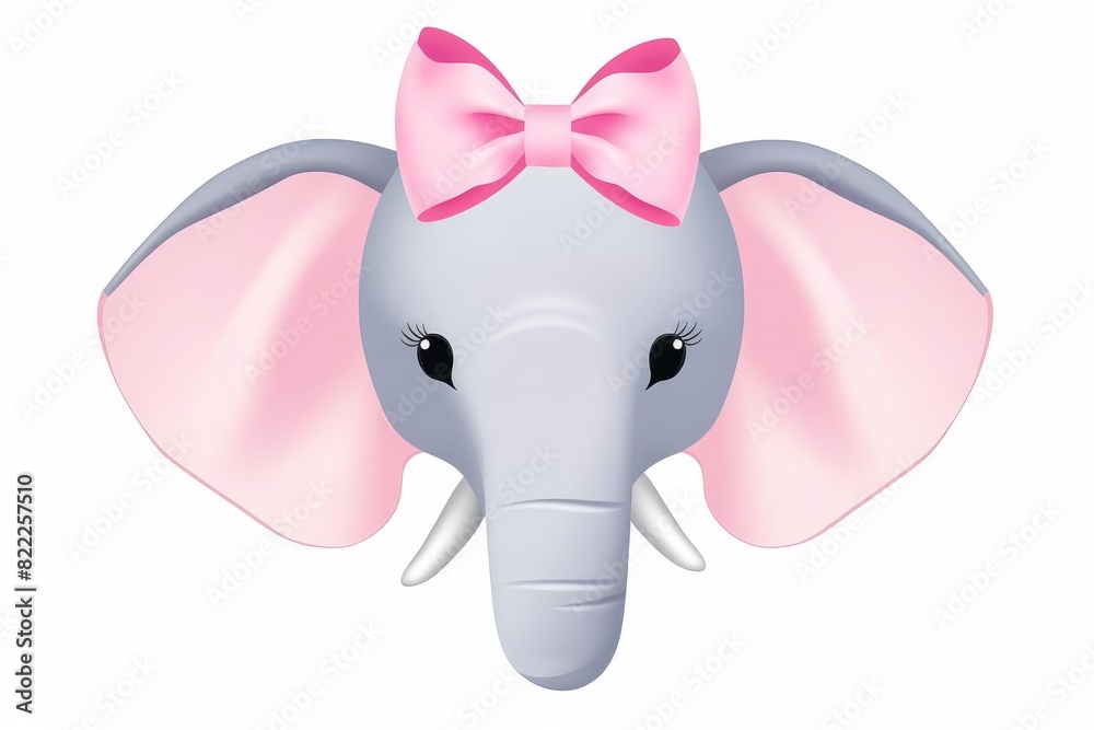 Cute cartoon elephant face with pink bow and ears, isolated on white. Perfect for children's designs, nursery decor, or educational materials. Cute cartoon elephant face with pink bow and ears, isolated on white. Perfect for children's designs, nursery decor, or educational materials.