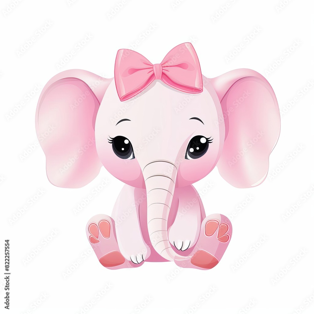 Fototapeta premium Cute pink baby elephant with a bow sitting, ideal for children's designs, nursery decor, and playful illustrations.