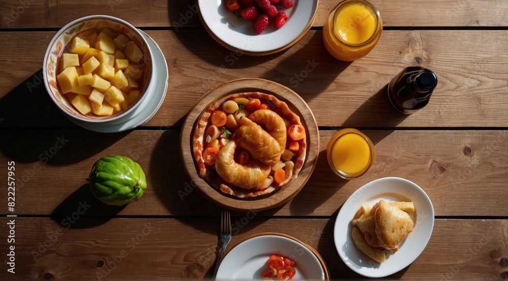 Europe food on a wooden table flat layout Europe food on a wooden table flat layout