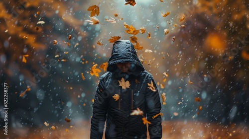 A man is walking in the rain with leaves falling on him