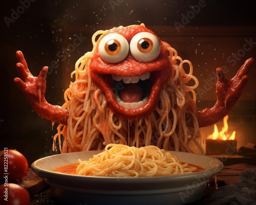 A front view of a spaghetti monster character with meatball hands and a goofy smile, dripping with red sauce, creating a humorous and quirky illustration