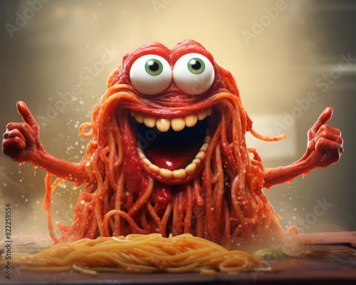A front view of a spaghetti monster character with meatball hands and a goofy smile, dripping with red sauce, creating a humorous and quirky illustration