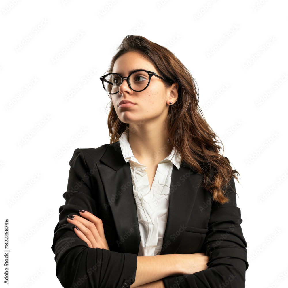 A woman in a business suit is wearing glasses and has her arms crossed, isolated on transparent background A woman in a business suit is wearing glasses and has her arms crossed, isolated on transparent background