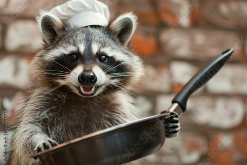 This adorable raccoon is all set to cook up a storm with its playful smile, chef's hat, and trusty frying pan. photo