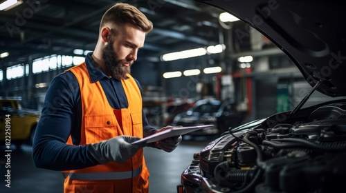 A mechanic in a highvisibility vest inspecting a car engine with a clipboard, highlighting the attention to detail and professionalism in auto repair work The bright, organized garage setting reinforc