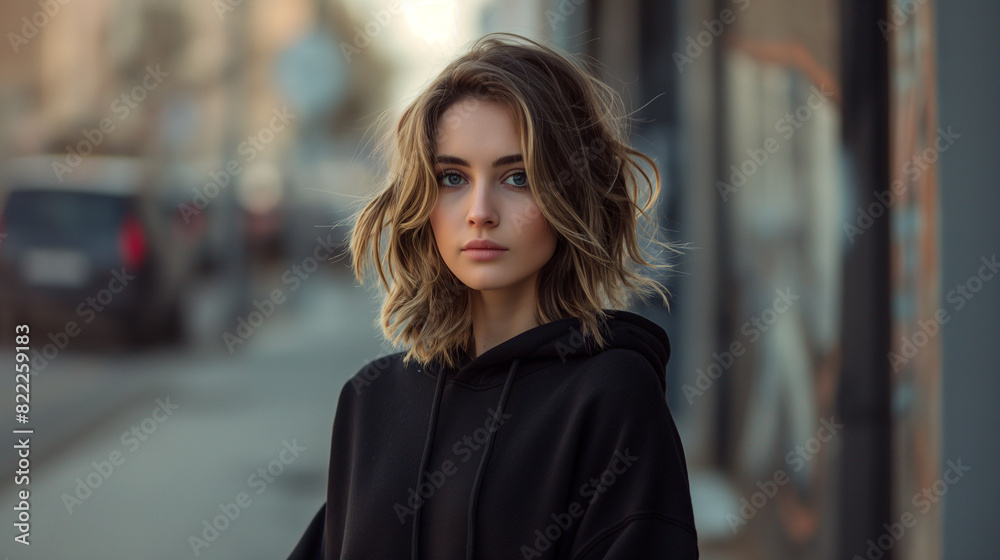 Very attractive woman wearing a black hoodie, watching to camera on a street background Very attractive woman wearing a black hoodie, watching to camera on a street background