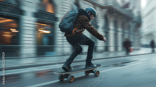 A man skater riding an electric longboard at high speed in the city streets