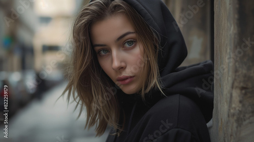 Attractive female model wearing a black hoodie and standing in the street and posing for the camera