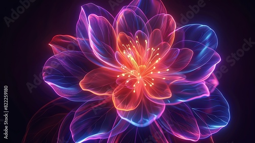A vibrant, glowing digital art flower bloom with neon colors, creating a stunning and mesmerizing visual effect on a dark background.