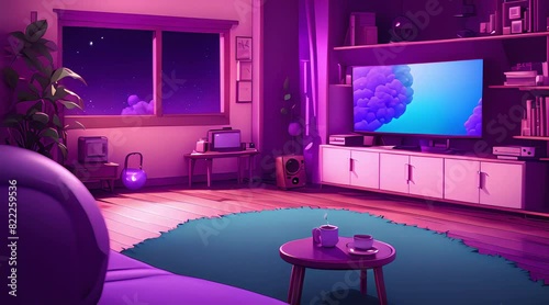 stream starting soon screen, overlay loop animation, virtual backgrounds, cozy lo-fi living room. vtuber asset twitch zoom OBS, live wallpaper. anime chill hip hop. Cyan purple colours manga style