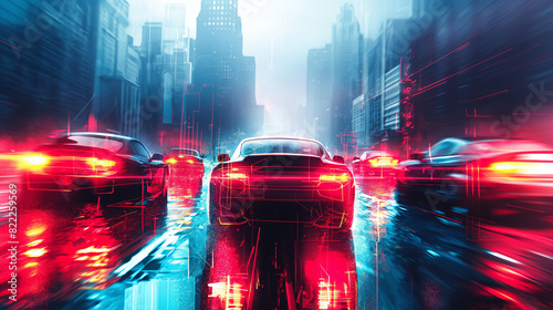 Digital art of luxury cars driving through the city, with glitch effects and neon lights photo