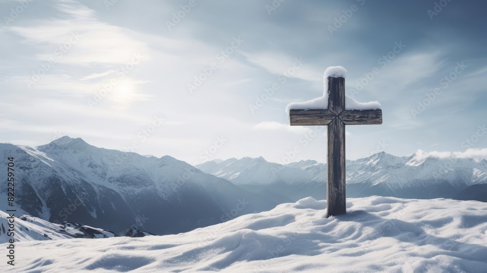 A solitary wooden cross standing in the snow, surrounded by a serene winter landscape with snowcovered mountains in the background, captured in a peaceful, contemplative mood and tone A solitary wooden cross standing in the snow, surrounded by a serene winter landscape with snowcovered mountains in the background, captured in a peaceful, contemplative mood and tone