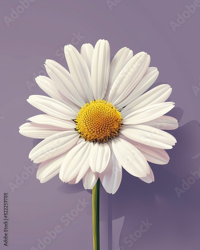 Close-up of a white daisy flower with a yellow center against a purple background  showcasing its delicate petals in full bloom.