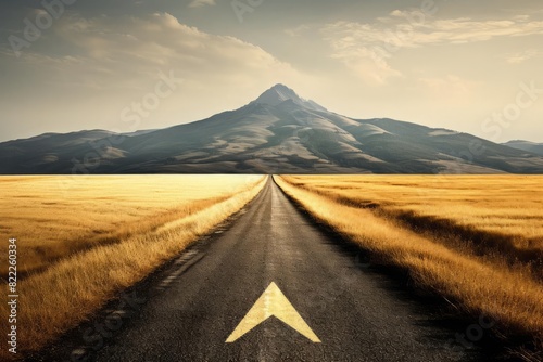 A wideopen road with a bold white arrow pointing straight ahead, leading through a vast landscape of golden grass and distant hills The scene symbolizes the journey ahead and the promise of new horizo photo