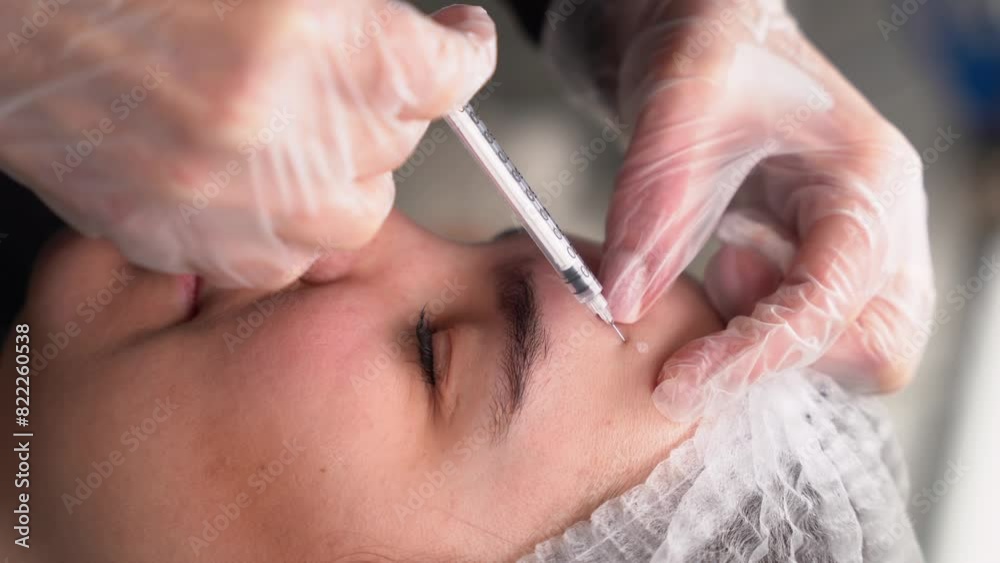 Beautician doctor makes botox injection in the forehead of young beautiful woman. Close up 4k vertical shot Beautician doctor makes botox injection in the forehead of young beautiful woman. Close up 4k vertical shot