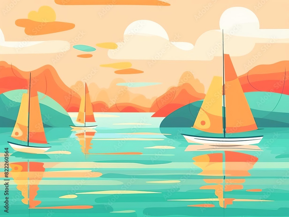 Naklejka premium Illustration of sailboats on calm water at sunset with mountains in the background, showcasing a serene and colorful seascape.