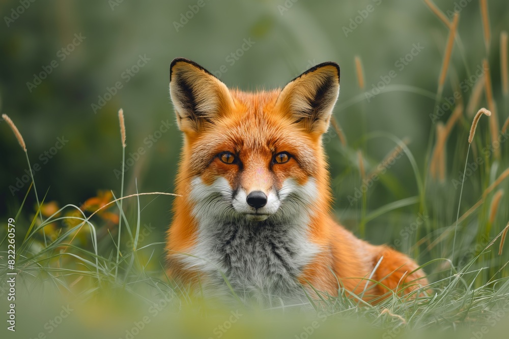 Fototapeta premium Portrait of wonderful wild red fox in the long green grass