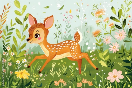 A delightful illustration capturing the beauty of a happy deer gracefully leaping amidst a vibrant field of blooming flowers.