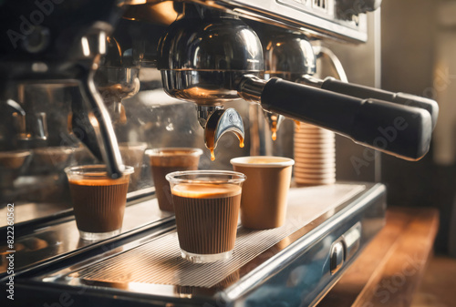 Espresso Coffee Machine Pouring Fresh Coffee into Two Cups