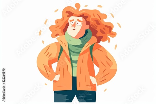 Illustration of a worried person with curly hair wearing an orange jacket and green scarf  looking concerned or anxious.